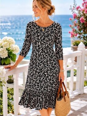 Tommy Hilfiger Black and White Floral-Print Midi Dress Size 6